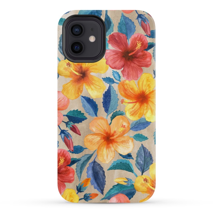 iPhone 12 mini StrongFit Tropical Hibiscus Blooms in Watercolor by Micklyn Le Feuvre