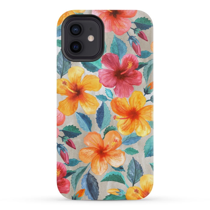 iPhone 12 mini StrongFit Tropical Hawaiian Hibiscus Blooms in Watercolor by Micklyn Le Feuvre