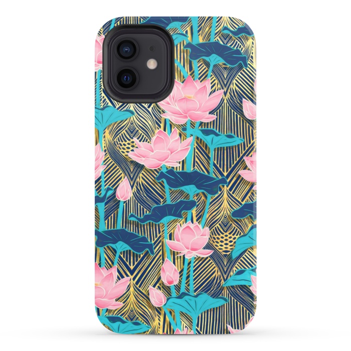 iPhone 12 StrongFit Art Deco Lotus Flowers in Pink & Navy by Micklyn Le Feuvre