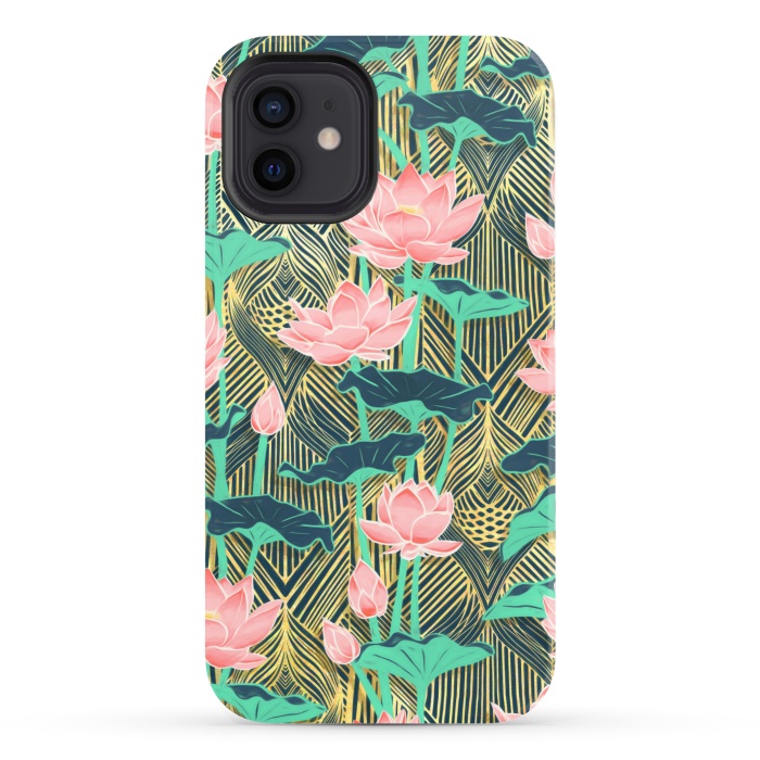 iPhone 12 StrongFit Art Deco Lotus Flowers in Peach & Emerald by Micklyn Le Feuvre