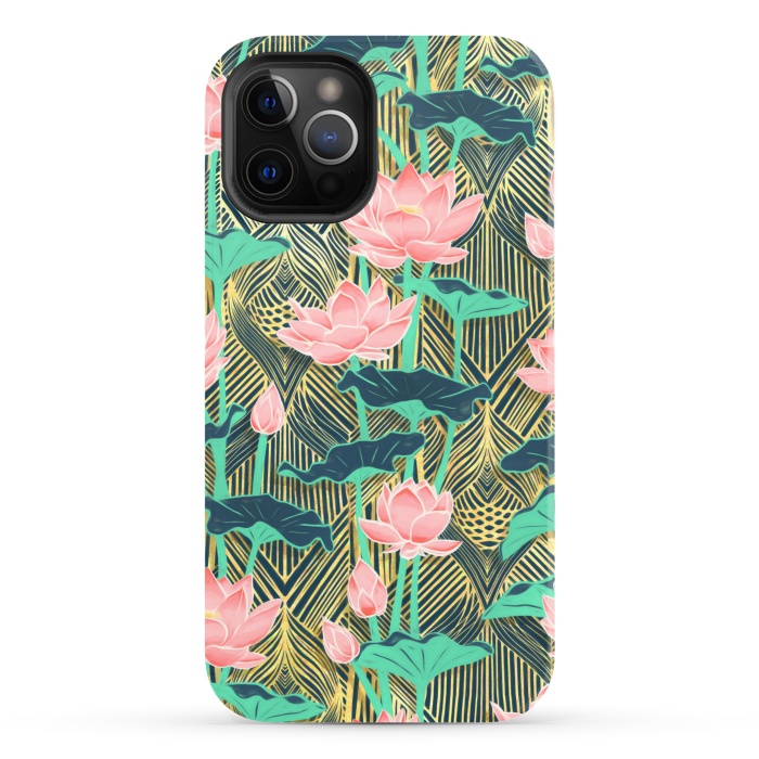 iPhone 12 Pro StrongFit Art Deco Lotus Flowers in Peach & Emerald by Micklyn Le Feuvre