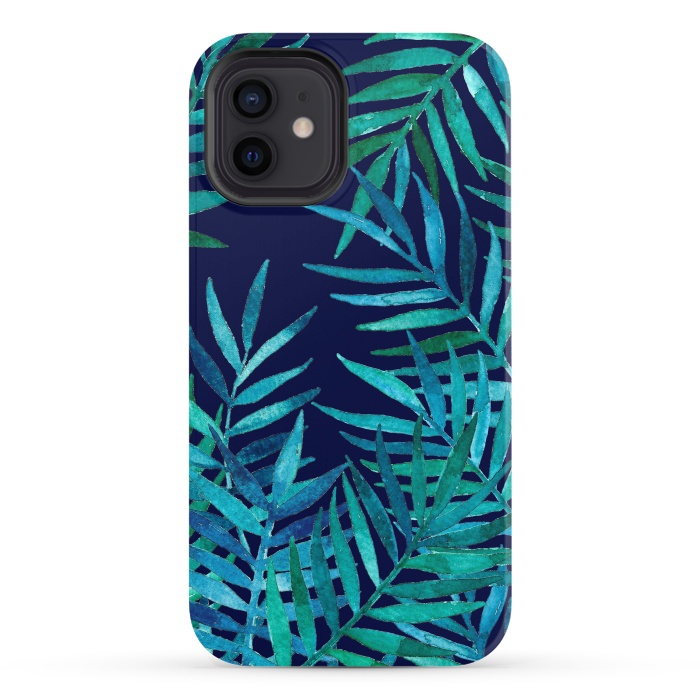 iPhone 12 StrongFit Watercolor Palm Leaves on Navy Blue by Micklyn Le Feuvre
