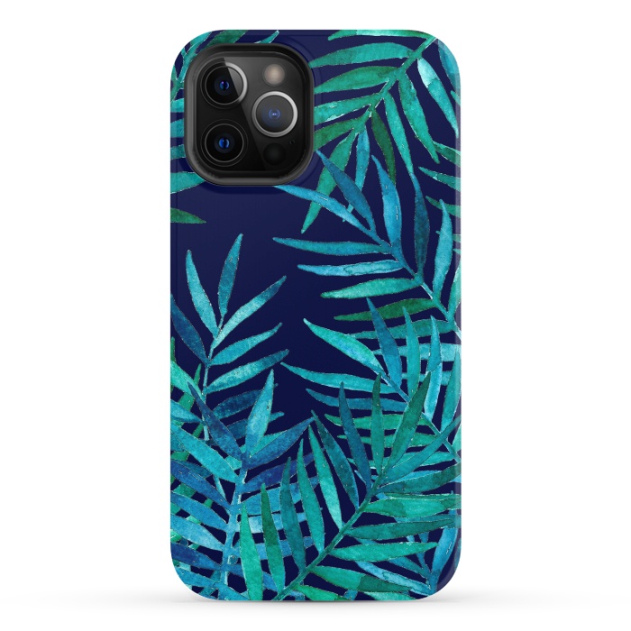 iPhone 12 Pro StrongFit Watercolor Palm Leaves on Navy Blue by Micklyn Le Feuvre