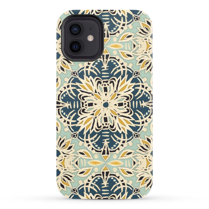 iPhone 12 StrongFit Protea Pattern in Deep Teal, Cream, Sage Green & Yellow Ocher by Micklyn Le Feuvre