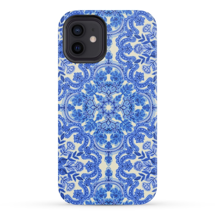 iPhone 12 mini StrongFit Cobalt Blue and China White Folk Art Pattern by Micklyn Le Feuvre