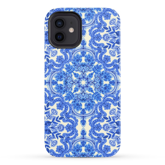 iPhone 12 StrongFit Cobalt Blue and China White Folk Art Pattern by Micklyn Le Feuvre
