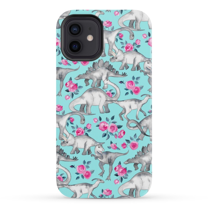 iPhone 12 StrongFit Dinosaurs and Roses on Turquoise by Micklyn Le Feuvre