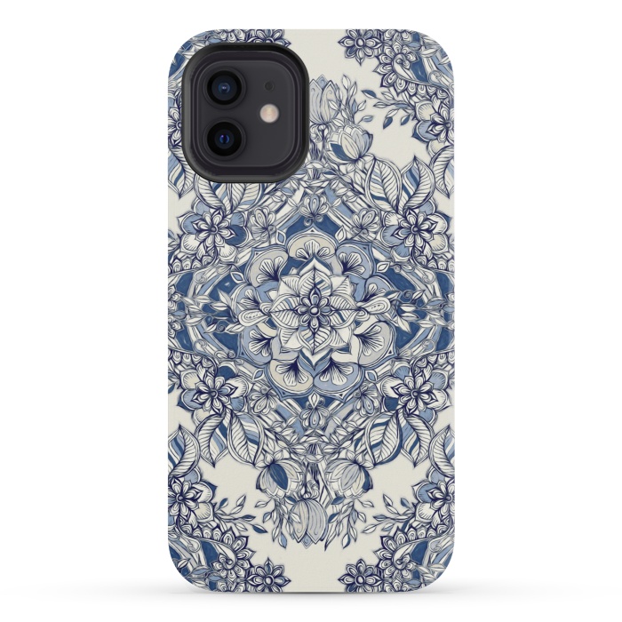 iPhone 12 mini StrongFit Floral Diamond Doodle in Dark Blue and Cream by Micklyn Le Feuvre
