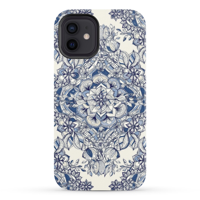 iPhone 12 StrongFit Floral Diamond Doodle in Dark Blue and Cream by Micklyn Le Feuvre