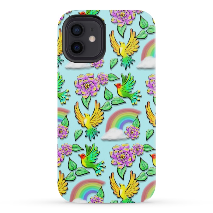iPhone 12 mini StrongFit Birds Flowers and Rainbows Doodle Pattern by BluedarkArt