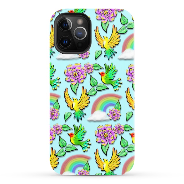 iPhone 12 Pro StrongFit Birds Flowers and Rainbows Doodle Pattern by BluedarkArt