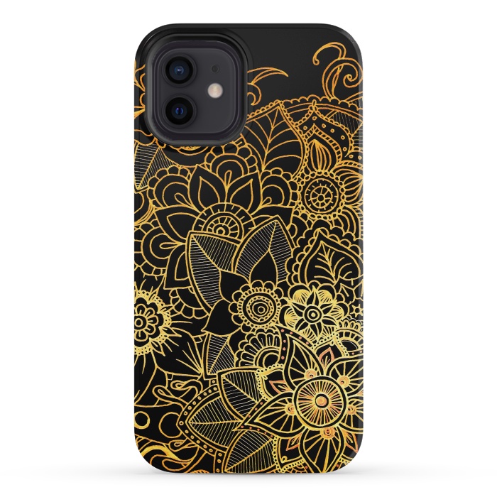iPhone 12 mini StrongFit Floral Doodle Gold G523 by Medusa GraphicArt