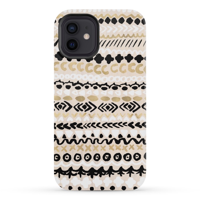 iPhone 12 mini StrongFit Black, White & Gold Tribal by Tangerine-Tane