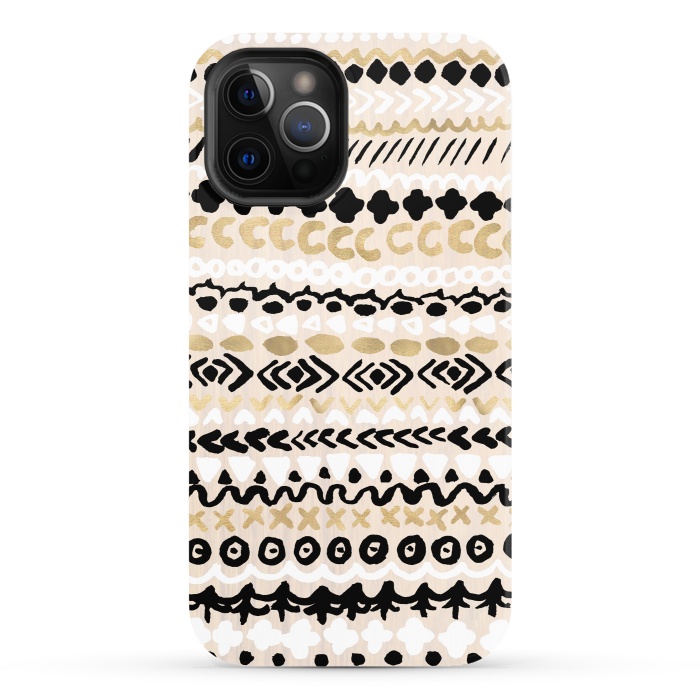 iPhone 12 Pro StrongFit Black, White & Gold Tribal by Tangerine-Tane