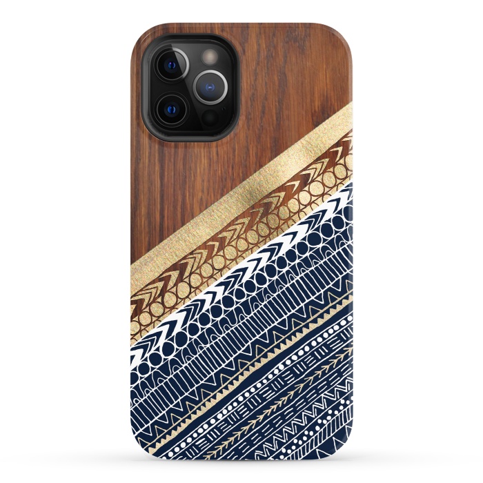 iPhone 12 Pro StrongFit Navy & Gold Tribal on Wood by Tangerine-Tane