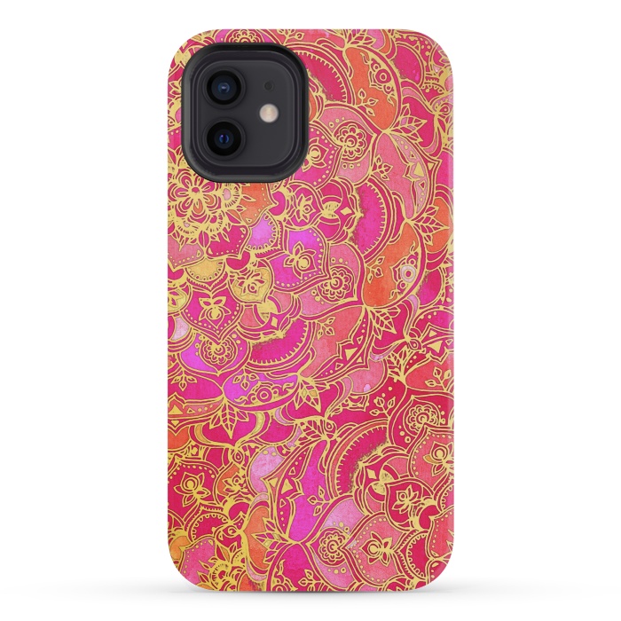 iPhone 12 mini StrongFit Hot Pink and Gold Baroque Floral Pattern by Micklyn Le Feuvre