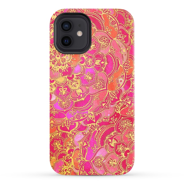 iPhone 12 StrongFit Hot Pink and Gold Baroque Floral Pattern by Micklyn Le Feuvre