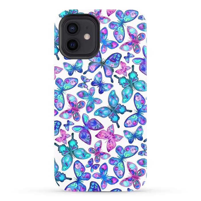 iPhone 12 StrongFit Watercolor Fruit Patterned Butterflies - aqua and sapphire by Micklyn Le Feuvre