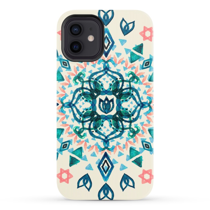 iPhone 12 StrongFit Watercolor Lotus Mandala in Teal & Salmon Pink by Micklyn Le Feuvre