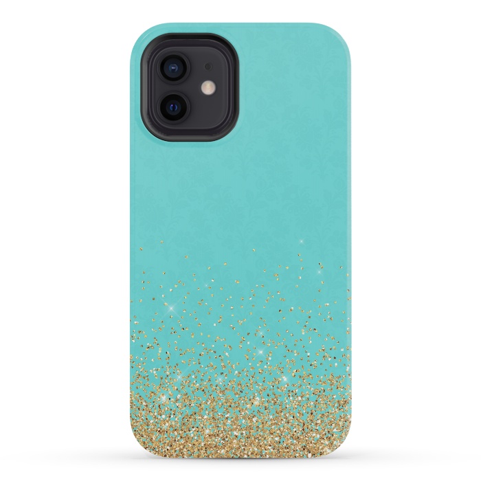iPhone 12 mini StrongFit Gold Glitter on Teal Damask by  Utart
