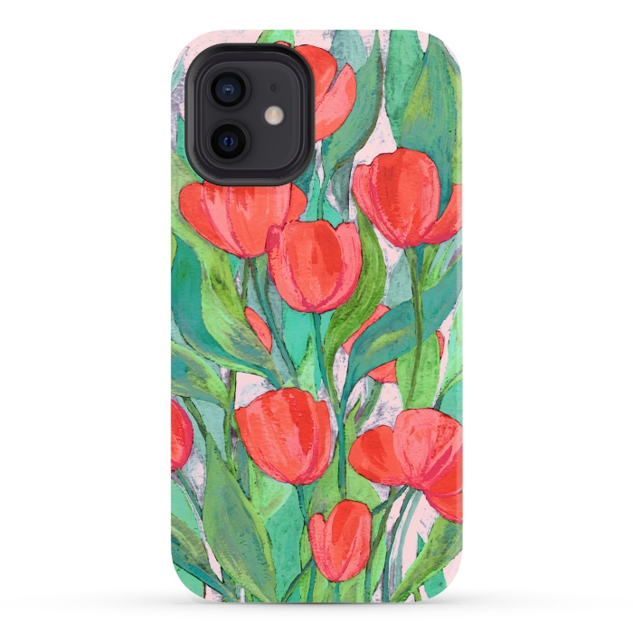 iPhone 12 StrongFit Blooming Red Tulips in Gouache  by Micklyn Le Feuvre
