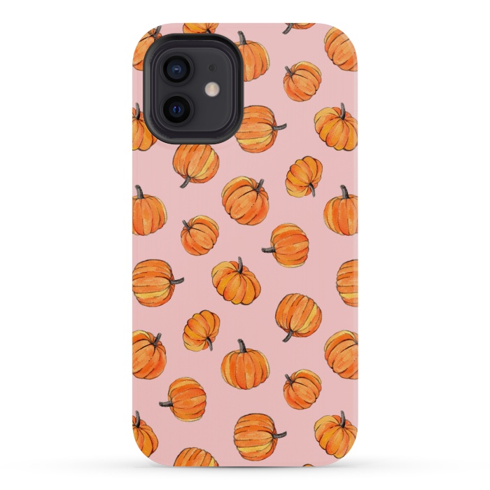 iPhone 12 mini StrongFit Tiny Pumpkin Polka Dots on Pink by Micklyn Le Feuvre