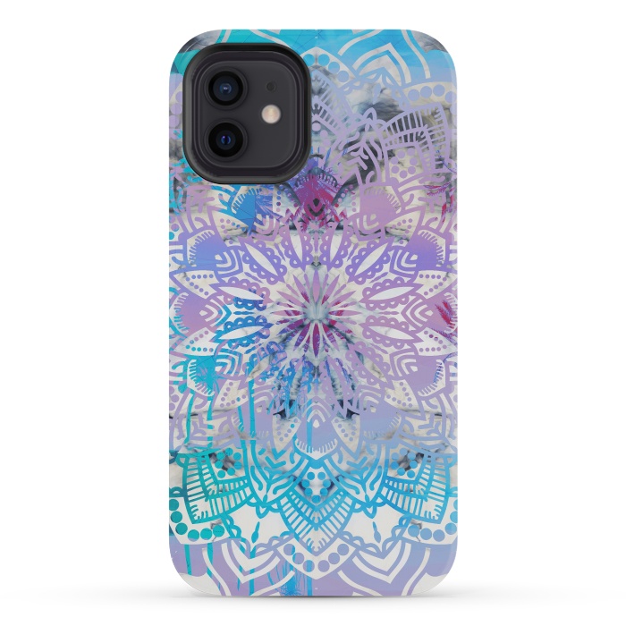 iPhone 12 mini StrongFit Blue lavender mandala drawing on white marble by Oana 