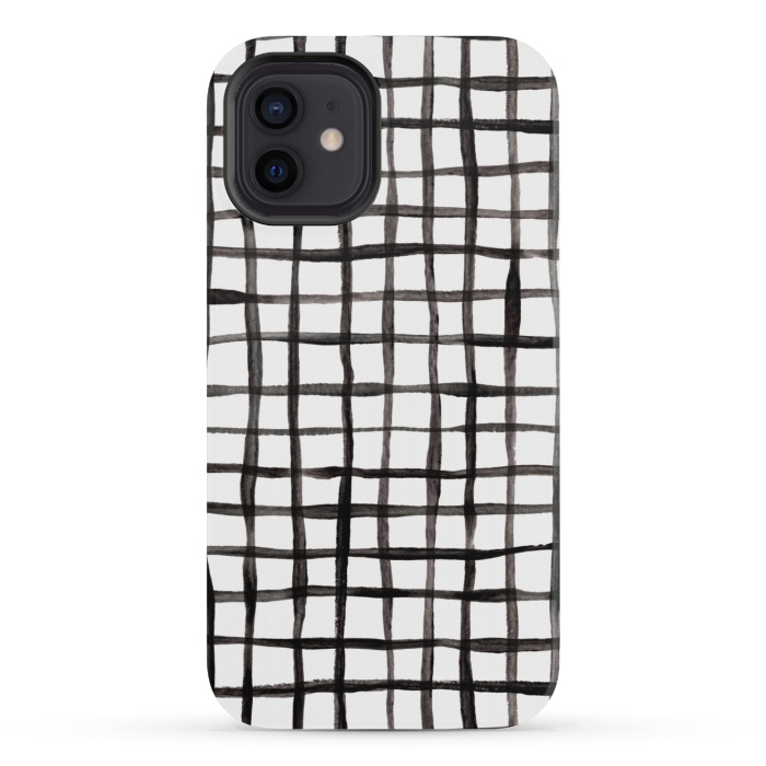 iPhone 12 mini StrongFit Modern Graphic Black and White Hand Painted Grid by Micklyn Le Feuvre