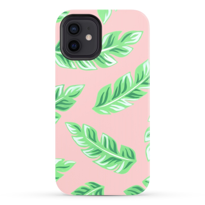 iPhone 12 StrongFit Pink Tropical Palm Leaf Print by Becky Starsmore