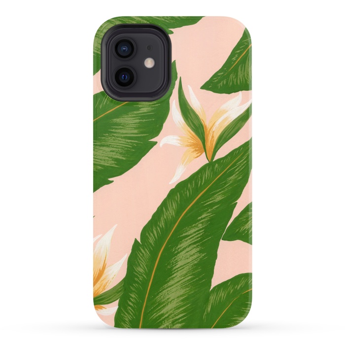 iPhone 12 StrongFit Pink Bird Of Paradise Jungle Floral Print by Becky Starsmore