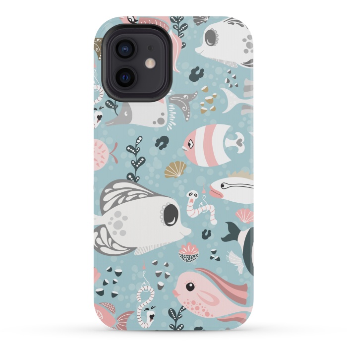 iPhone 12 mini StrongFit Funny Fish in Pink and Grey by Paula Ohreen