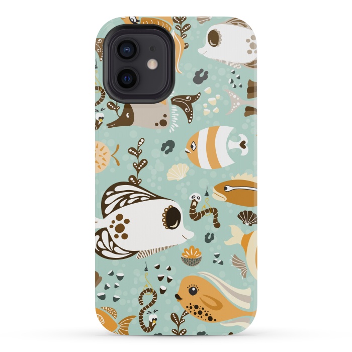 iPhone 12 mini StrongFit Funny Fish in Orange and Brown by Paula Ohreen
