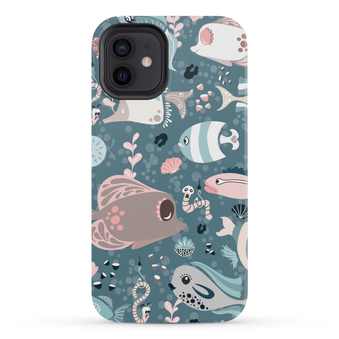 iPhone 12 mini StrongFit Funny Fish in Blue and White by Paula Ohreen