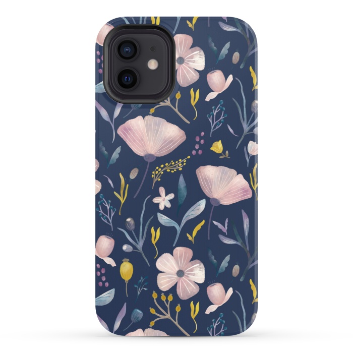 iPhone 12 StrongFit Delicate Pastel Floral on Blue by Noonday Design