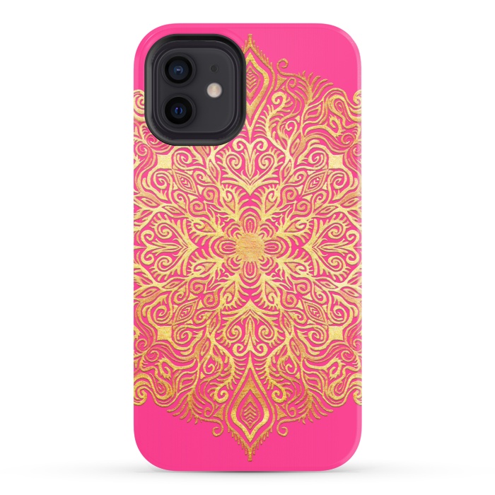 iPhone 12 StrongFit Ornate Gold Mandala on Hot Pink by Micklyn Le Feuvre