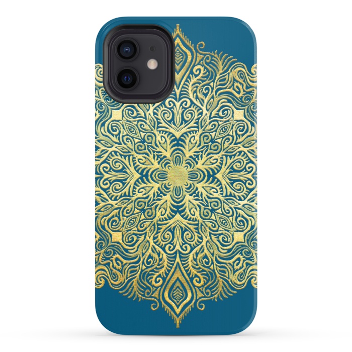 iPhone 12 StrongFit Ornate Gold Mandala on Deep Blue by Micklyn Le Feuvre