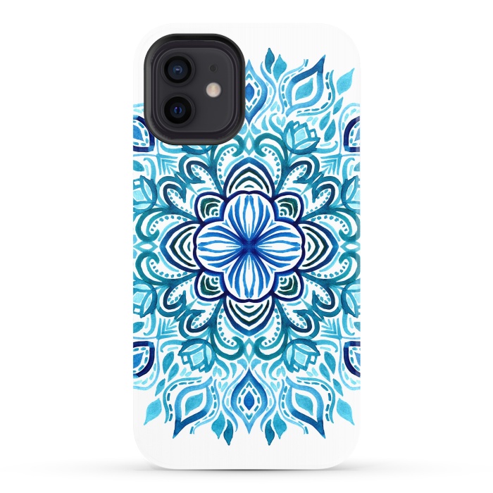 iPhone 12 StrongFit Watercolor Blues Lotus Mandala by Micklyn Le Feuvre