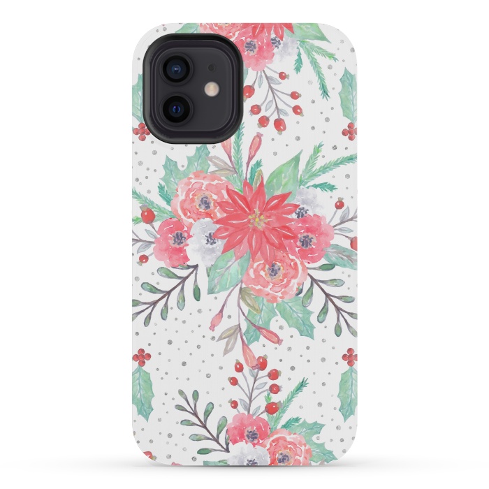 iPhone 12 mini StrongFit Pretty watercolor Christmas floral and dots design by InovArts