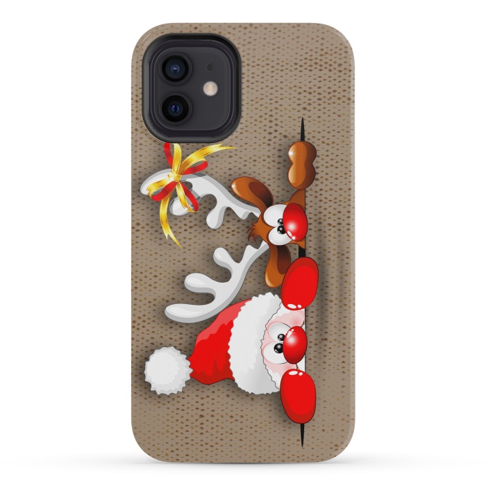 iPhone 12 mini StrongFit Funny Christmas Santa and Reindeer Cartoon by BluedarkArt