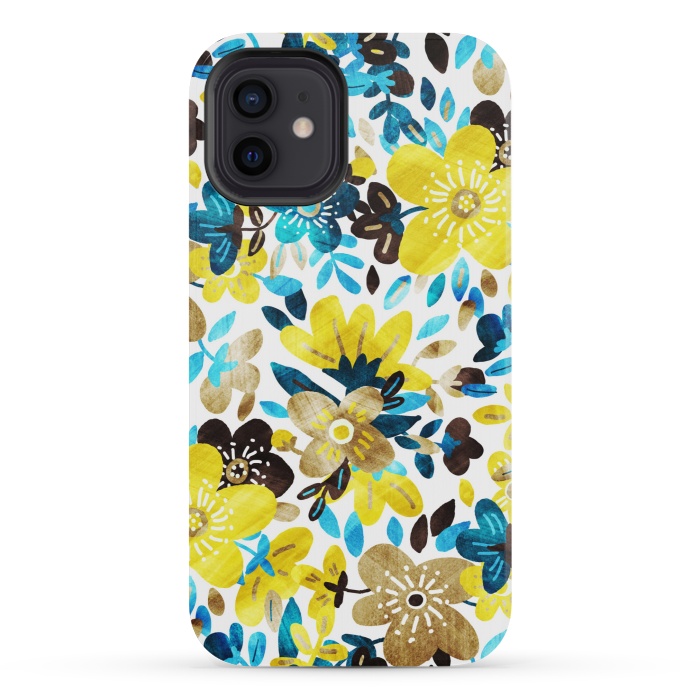 iPhone 12 mini StrongFit Happy Yellow & Turquoise Floral Collage by Micklyn Le Feuvre