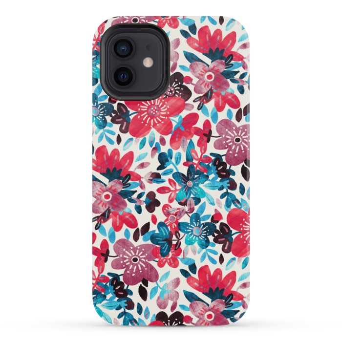 iPhone 12 mini StrongFit Cheerful Red and Blue Floral Pattern by Micklyn Le Feuvre