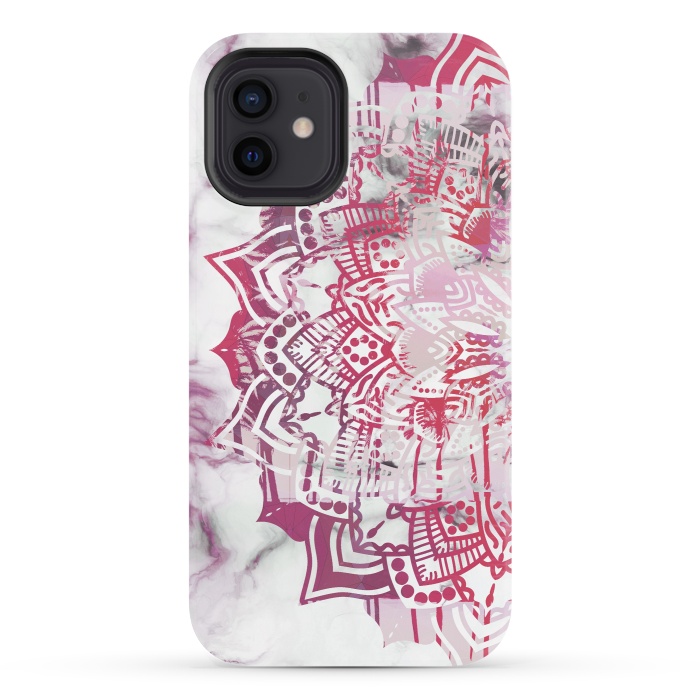 iPhone 12 StrongFit Red pink mandala digital painting on white marble by Oana 