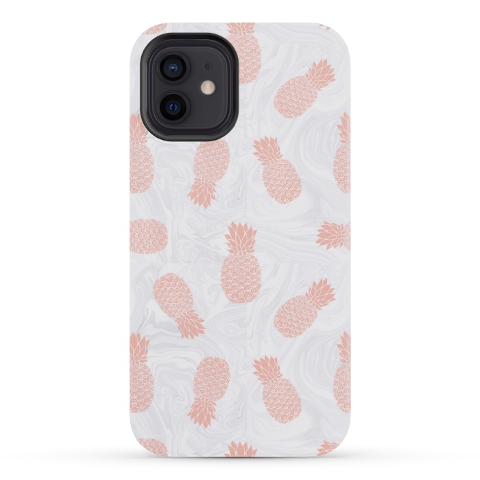 iPhone 12 mini StrongFit Pink Pineapples on White Marble by Julie Erin Designs