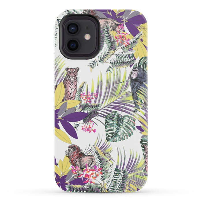 iPhone 12 mini StrongFit Colorful jungle leaves and wild animals pattern by Oana 
