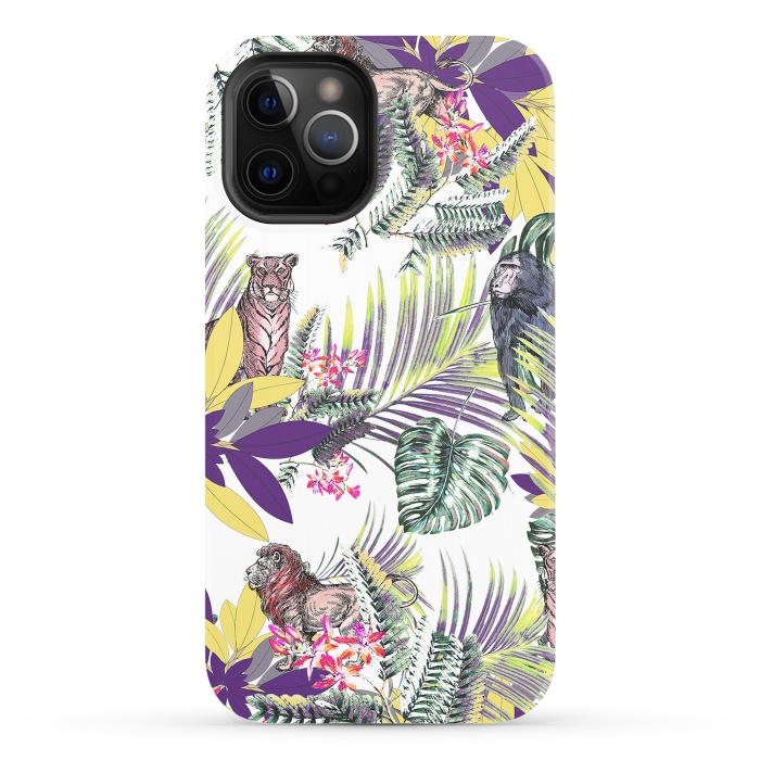 iPhone 12 Pro StrongFit Colorful jungle leaves and wild animals pattern by Oana 