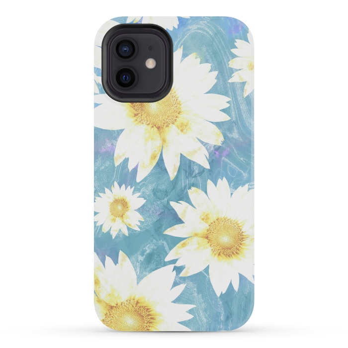 iPhone 12 mini StrongFit White sunflowers on baby blue marble by Oana 