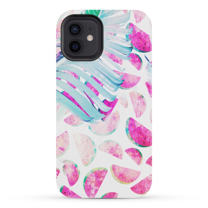 iPhone 12 mini StrongFit Grungy watermelon and bana leaf pattern by Oana 