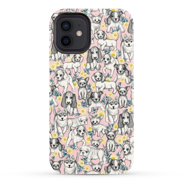 iPhone 12 StrongFit Dogs and Daisies on Pink by Micklyn Le Feuvre