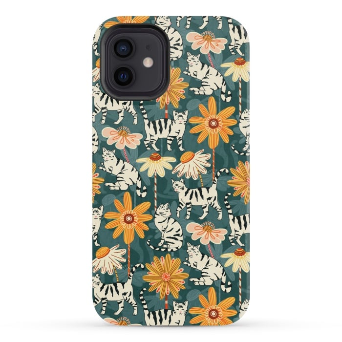 iPhone 12 mini StrongFit Daisy Cats - Teal by Tigatiga