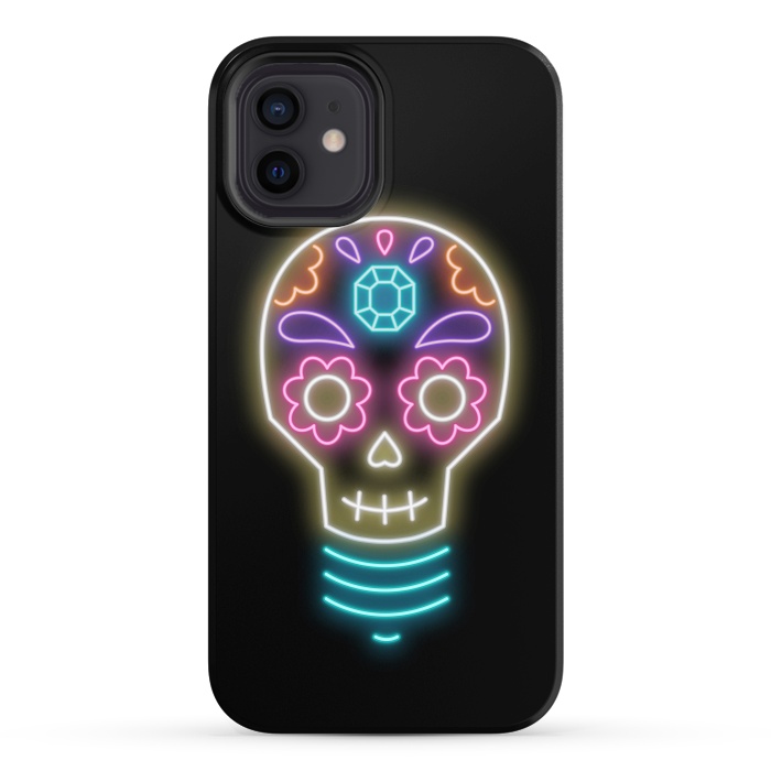 iPhone 12 StrongFit Neon sugar skull lightbulb by Laura Nagel